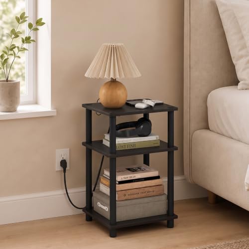 Image of Furinno Just 3-Tier Night Stand with Charging Station, Black Espresso | USB and Type-C Charging Port, Open Shelf Bedside Table, Side Table, End Table, for Living Room, Bedroom