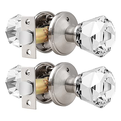 Orger Juego de 2 pomos de puerta de níquel satinado, sin llave, para baño y dormitorio, pomos de puerta de cristal con forma de diamante con base de aleación de zinc Cover