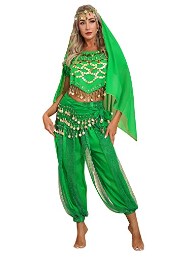Yeahdor Damen Bauchtanz Kostüm Set Pailletten Bauchtanz Oberteil mit Mützen + Haremshose + Hüftschal + Schleier Karneval Fasching Cosplay Party...