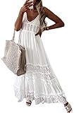 shownicer Damen Ärmellos V-Ausschnitt Retro Sommer Spitzen Strandkleid Maxi Kleider Boho Lang Lose Sommerkleid Elegant Casual A-Linie Kleid A Weiß XS