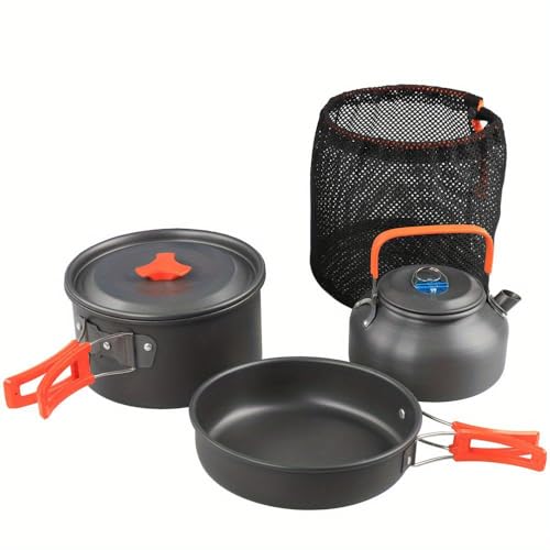 Pardarsey Portable Camping Cookware Set (Orange)- Lightweight Aluminum Pot, Pan & Kettle with Foldable Handles for Backpacking, Hiking & Outdoor Cooking - Non-Stick, Space-Saving for 2-3 People