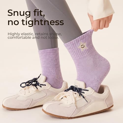 Image of 6 Pairs Women Cute Colorful Embroidered Cotton Casual Quarter Socks with Smile Face Valentine Heart Star Pattern