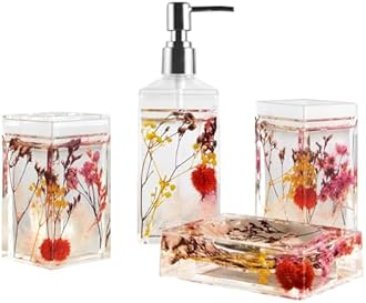 Locco Decor 4 Piece Acrylic Liquid 4D Floating Motion Bathroom Vanity Accessory Set Garden Botanic Pink Plants Toothbrush Holder, Tumbler, Soap Dispenser, Soap Dish