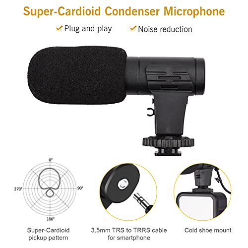 Vlog ing Kit Mini LED Video Light + Super Cardioid Condenser Microfone + Giratório Phone Clip + Trip