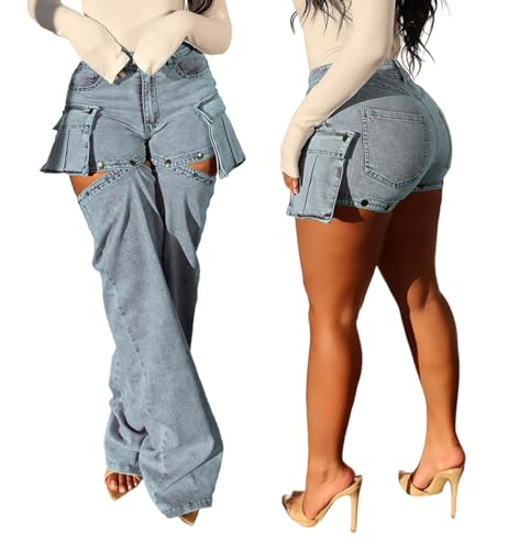 Women's High Waisted Cargo Jeans Y2K Baggy Denim Pants with Removable Pockets and Stretchable Cutout Design