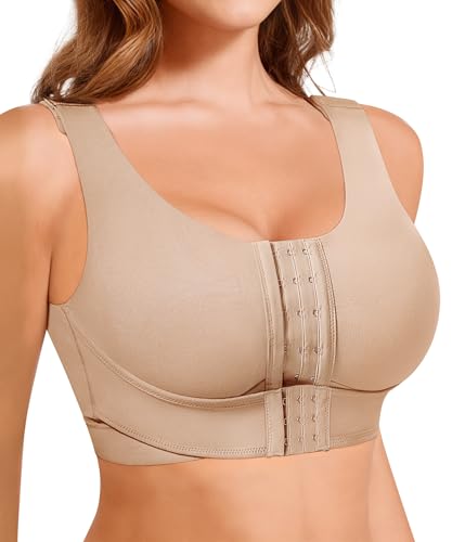 BRABIC Front Closure Post Surgery Compression Bra for Women Mastectomy Post Surgical Wireless Bras with Breast Support Band (Light Brown,Large)