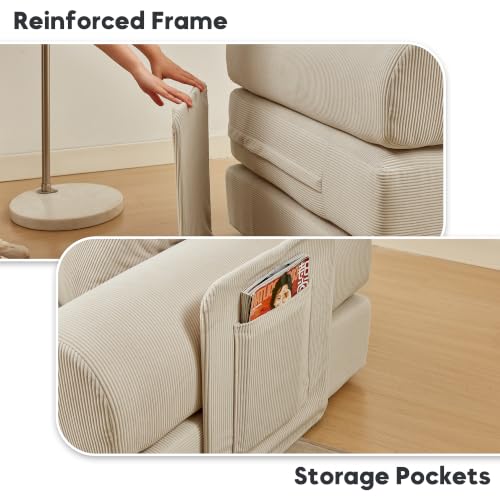 Image of 107 inch Modular Sectional Sofa Bed, L-Shape Corduroy Boneless Couch, Beige