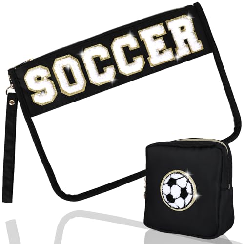 2 Pcs Soccer Gifts for Team,Cosmetics Bag PVC Clear Portable Make up Bag Organizer Purse,Waterproof Sport Zippered Toiletry Carry Pouch,Soccer Bags for Girls Her Friends Women
