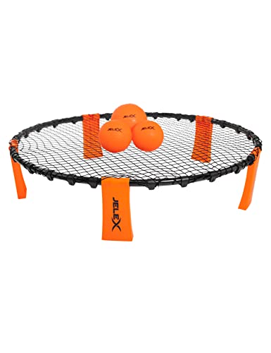 JELEX Smash Roundnet 6er-Set mit 3 Bällen, Set aus Spielfläche, 3 Bällen, Luftpumpe und Tragetasche, einfaches Stecksystem für Kinder und Erwachsene, Netz individuell anpassbar (Orange)