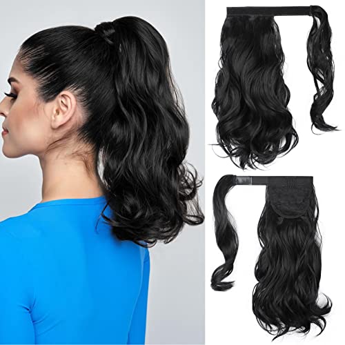 SHNMIN 14 Inch Black Wavy Ponytail Extension for Women Hair Extensions Ponytail Wrap Around Clip in Curly Ponytail Extension for Black Women Heat Resistant Synthetic Ponytail Hairpiece for Women