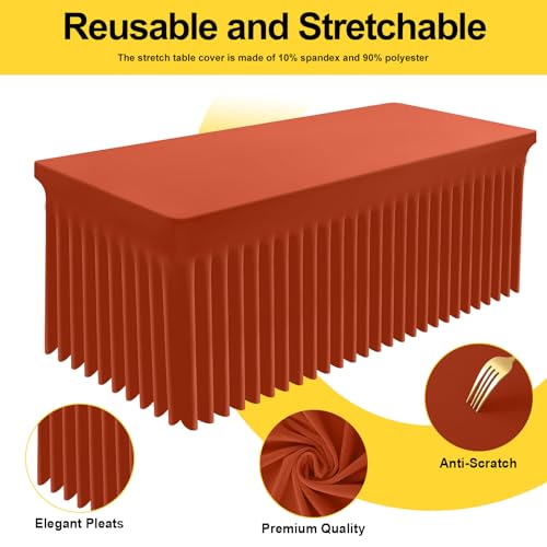 Image of Smiry Spandex Elastic Fitted Table Cloth Skirt for 8FT Rectangle Table | Stretch Washable Table Cloth, Banquet Table Cover for Wedding, Party, Indoor & Trade Shows, (Rust, 96Lx30Wx30H)