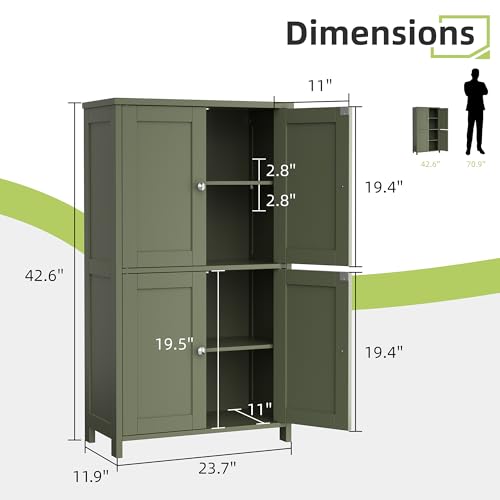 Image of Vongrasig 42.6 inch Bathroom Storage Cabinet, Modern Floor Cabinet with Doors and Adjustable Shelves, Freestanding Accent Organizer Cupboard for Living Room, Entryway, Kitchen, Green