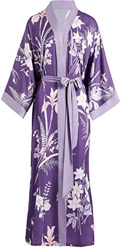 Aensso long lightweight soft silky robes for women,floral bridal bridesmaid summer kimonos robe-Purple