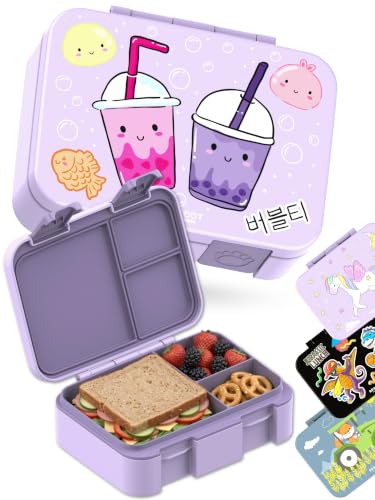 Image of Kids Lunch Box with Compartments - Compact & Lightweight | Leak-Proof, BPA-Free, Dishwasher Safe | Hand-Drawn Design for Preschool, School, Travel (BubbleTea Purple, 2.75 Cups)