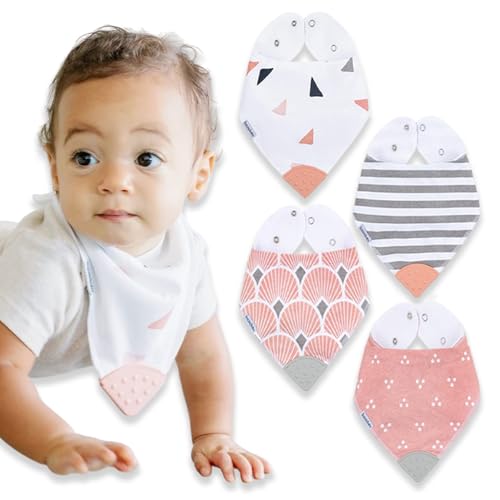 Image of Bazzle Baby Bandana Teething Bibs 4-Pack – Cotton Drool Bibs for Boys & Girls, Silicone Teether for Teething Relief, Adjustable & Absorbent Baby Bibs for Drooling (pink & White)
