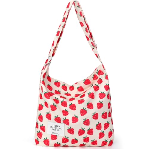Canvas Tote Bag for Women Crossbody Hobo Bags Adjustable Shoulder Strap with Zipper Pockets (Strawberry Beige)