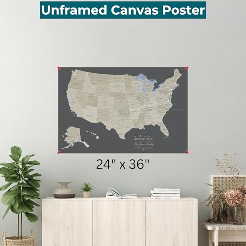 Image of Earth Tone USA Map with Pins Canvas Poster - Personalized United States Travel Map - Rolled Canvas Wall Art - Large 24 inch x 36 inch