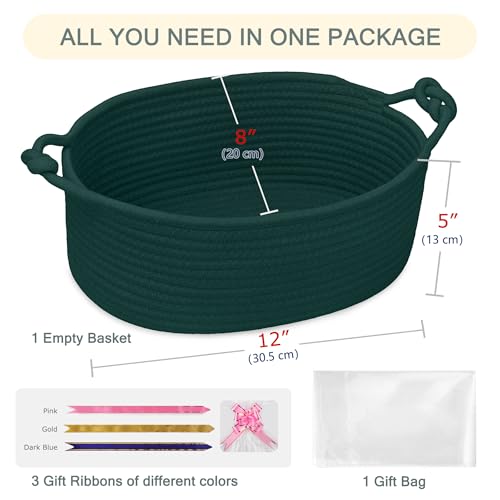 Image of COMSE Small Gift Basket Empty with Bag & Ribbons, Solid Dark Green