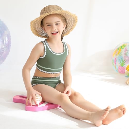 Image of Girls Bathing Suit Toddler Swimsuits 2 Piece Bikini Sets Round Neck Colorful Lace Teen Girls Swimwear 3-14T