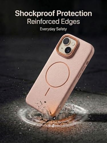 Image of amazon basics Luxury MagSafe Compatible Leather Texture Back Cover for iPhone 13 | Raised Camera Protection | Slim Fit Shockproof Case with Metallic Accents (Pink)