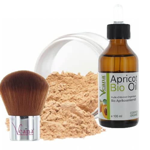 Mineral Make Up 9 g + Premium Bio olej z pestek moreli 100 ml, certyfikat DE-Öko + Kabuki 20 odcieni kolorystycznych, do skóry normalnej/suchej, Nuance Suede