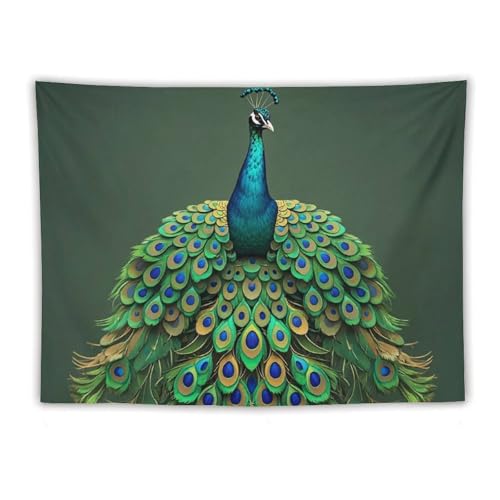 Tapisserie murale paon 152x130cm avec pompons pour decoration salon
