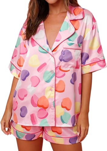 Image of Yiulangde Cute Silk Satin Pajama Set Preppy Pjs Shorts Y2k Floral 2 Piece Pajamas Sets for Women Button Down Lounge Shirt Set