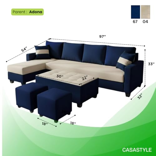 Image of CASASTYLE Adonway 8 Seater Fabric LHS L Shape Sofa Set (Cream-Dark Blue) Premium Velvet Finish | Ideal for Living Rooms