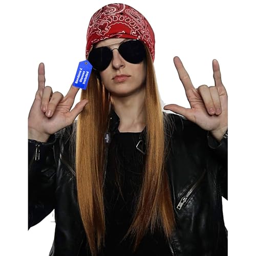 ALLAURA Compatible with Axel Rose Costume 3pc 80s Rocker Wig Set for Men with Bandana & Sunglasses 80s & 90s Punk Rock Heavy Metal Hairpieces for Axel Bret Slash Rockstar Halloween Party