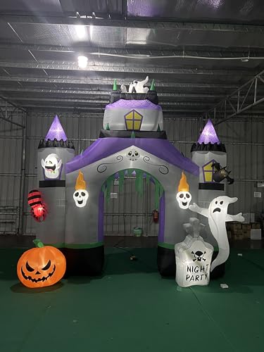 SEASONBLOW 12.3 Ft Giant Halloween Inflatable Haunted House Castle Archway LED Light Up Blow Up Castle Archway with Ghost Pumpkin and Tombstone for Halloween Party Indoor Outdoor Decor