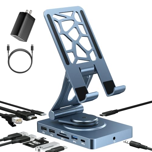 NEWQ iPad Docking Station Stand, 11-in-1 Adapter with 4K@120Hz HDMI, 10Gbps USB Ports, SD/TF 4.0 Reader, RJ45, Audio, for Tablets, Steam Deck, ROG Ally, Legion Go, Msi Claw(with 65W Adapter)