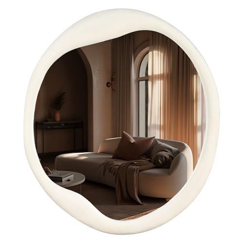 Irregular Asymmetrical Wall Mirror- 24"x28"Ivory Felt Fabric Padded Wavy Wall Mirror for Living Room, Bedroom, Hallway,Dressing Room & Farmhouse-Circular Cloud Vanity Mirror Decorative