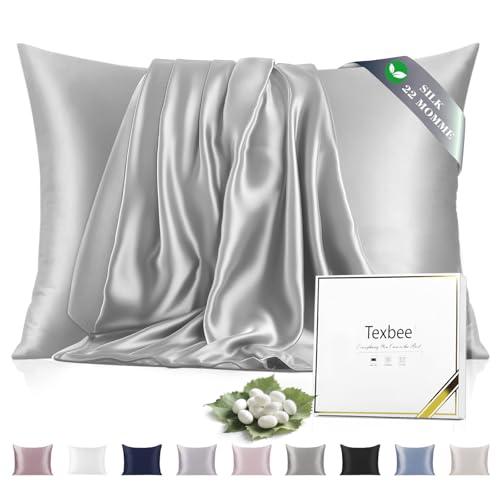 Texbee Silk Pillowcase, 22 Momme Mulberry Silk Pillowcases for Hair and Skin Health, Soft Smooth Breathable Cool Pure Pillow Case for Beauty Sleep, with Gift Box, 1pc (Standard 50x66 cm, Dark Grey)