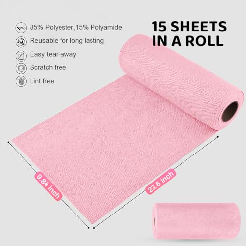Image of HASTHIP Microfiber Cleaning Cloth Roll, 15 Count, 25x60cm, Pink, Pre-Cut