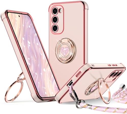 XYZ for Samsung Galaxy S22 Case with Stand, Double Ring Holder Case Heart with Lanyard for Girls Women, Luxury Cute Bling Protective Phone Cover Case for Samsung S22, White