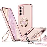 XYZ for Samsung Galaxy S23 Case with Stand, S23 Phone Case with Lanyard for Women Girls, Double Ring Bling Luxury Heart Protective Phone Case, Pink