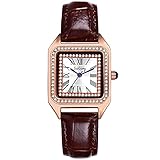 JewelryWe Uhren Damen Analog Quarz Armbanduhr Elegant Strass Römische Ziffern Rechteckig Leder Armband Beiläufige Uhr für Frauen Mädchen Braun