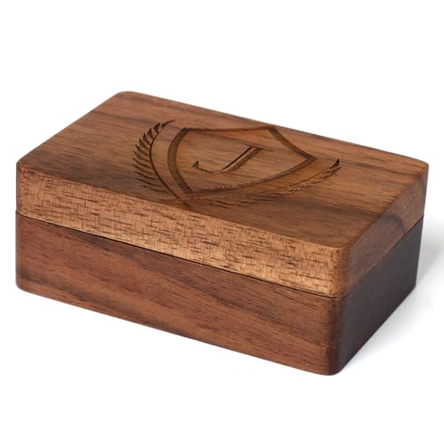 Image of Mens Initial Cufflinks and Tie Clip A-Z Alphabet Letter Black Stainless Cuff Links Tie Bar with Engraved Walnut Wood Box Groom Groomsman Wedding Set