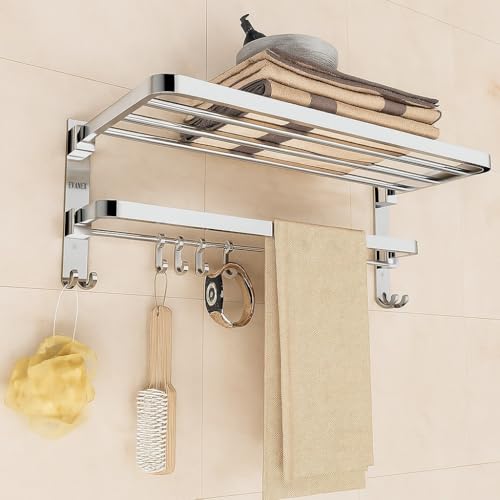 Image of EVANEX Towel Rack for Bathroom 304 Stainless Steel Towel Holder 24 Inch Folding Towel Rack with Shelf, Rustproof Wall Mounted Towel Stand in Bathroom, Heavy Duty Bathroom Organiser