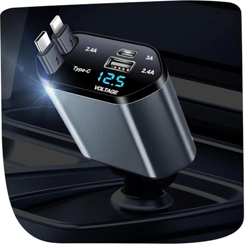 Image of 120W Fast Car Charger with Retractable Type-C Cable (80cm), 4-in-1 PD QC Car Adapter, Dual USB & Type-C Ports, 180 Rotatable with LED Voltage Display for All Smartphones & Tablets