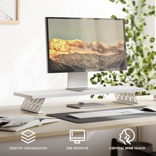 Image of 58180 Monitor Stand Riser for Desk 80cm Large Computer Monitor Stand for 2 Monitors Wooden Desk Organizer Stand for PC, Laptop, Printer, TV Screen - White base - White top