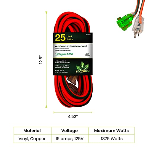 Gogreen Power (Gg-13825) 14/3 25’ Sjtw Outdoor Extension Cord, Lighted Extension Cord, 25 Ft #TOP1