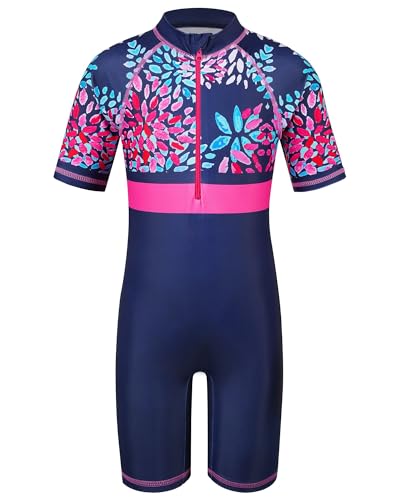 Image of TFJH E 1PCS Girls Short Sleeve Swimsuits UV 50+ Bathing Suits Sunsuits Zipper 2-14Y