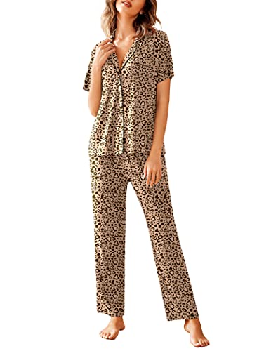 Image of Avidlove Women Pajamas Set Notch Collar Soft Sleepwear Pjs Short Sleeve Button Down Nightwear with Long Pants
