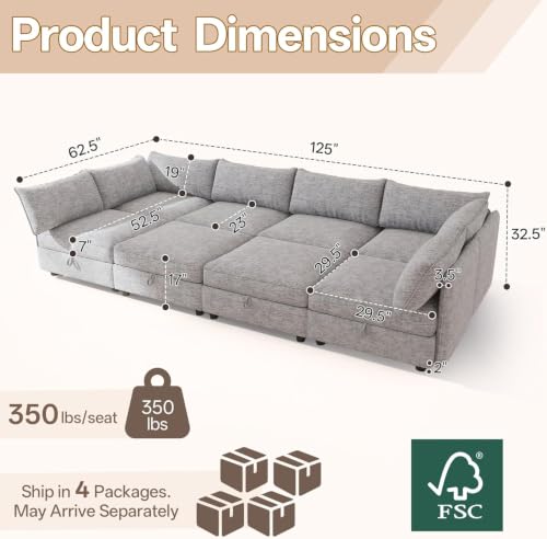 Image of 125 inch 8 Seat Modular Sectional Sleeper Sofa, Chenille Modern Modular Sofa Bed Hidden Storage, Convertible L&U Shaped Sleeper Couch with Ottoman, Couches for Living Room, Gray