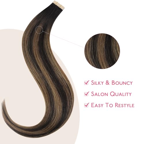 Image of WENNALIFE Tape in Hair Extensions Human Hair Balayage Natural Black to Chestnut Brown Tape in Extensions, 10pcs 20g 12 inch Remy Invisible Tape Ins Straight Soft Real Human Hair Tape in Extensions