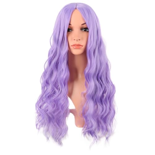 MapofBeauty 28 Inch/70 cm Long Wavy Middle Part with No Bangs Synthetic Fiber Curly Fashion Women Party Cosplay Wig (Light Purple)