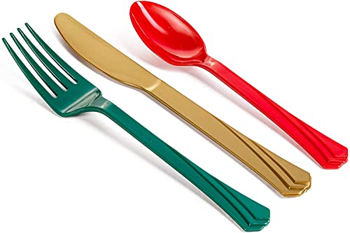 Plastic Silverware Heavyweight Combo, Disposable Flatware Red/Green/Gold Cutlery 240 pieces 80 of each Forks, Knives, Spoons