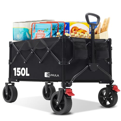 SUNULA Bollerwagen Faltbar Tragkraft 120KG, Klappbarer Handwagen mit EIN-klick-Handgriff & 4-seitig zusammenfaltbar, Geländegängig Räder mit Bremsen 150L, Schwarz SUNULA Bollerwagen Faltbar Tragkraft 120KG, Klappbarer Handwagen mit EIN-klick-Handgriff & 4-seitig zusammenfaltbar, Geländegängig Räder mit Bremsen 150L, Schwarz
