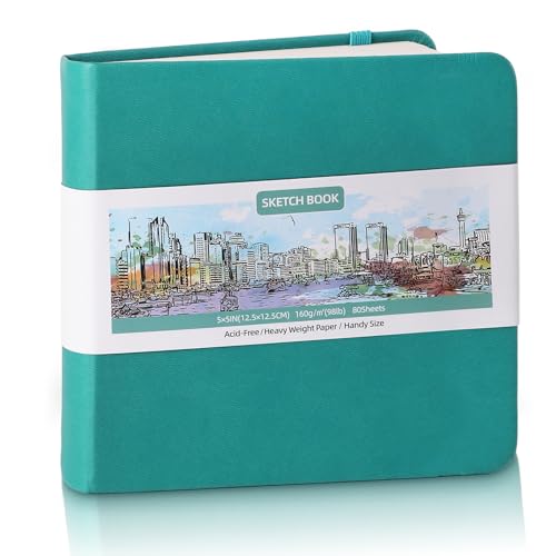 Prudiut Hardcover Pocket Sketchbook 5 x 5 Square Mini Sketchbook 98lb/160gsm Heavyweight Tiny Sketch Book 80 Sheets Small Travel Drawing Journal for Adults Artist Ideal for Gift (Dark Blue)